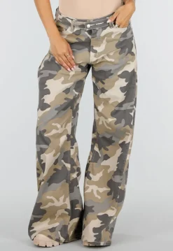 Beige Camouflage Wide Leg Broek met Lage Taille