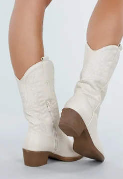 Beige Cowboylaarzen met Sierstiksels en Rits