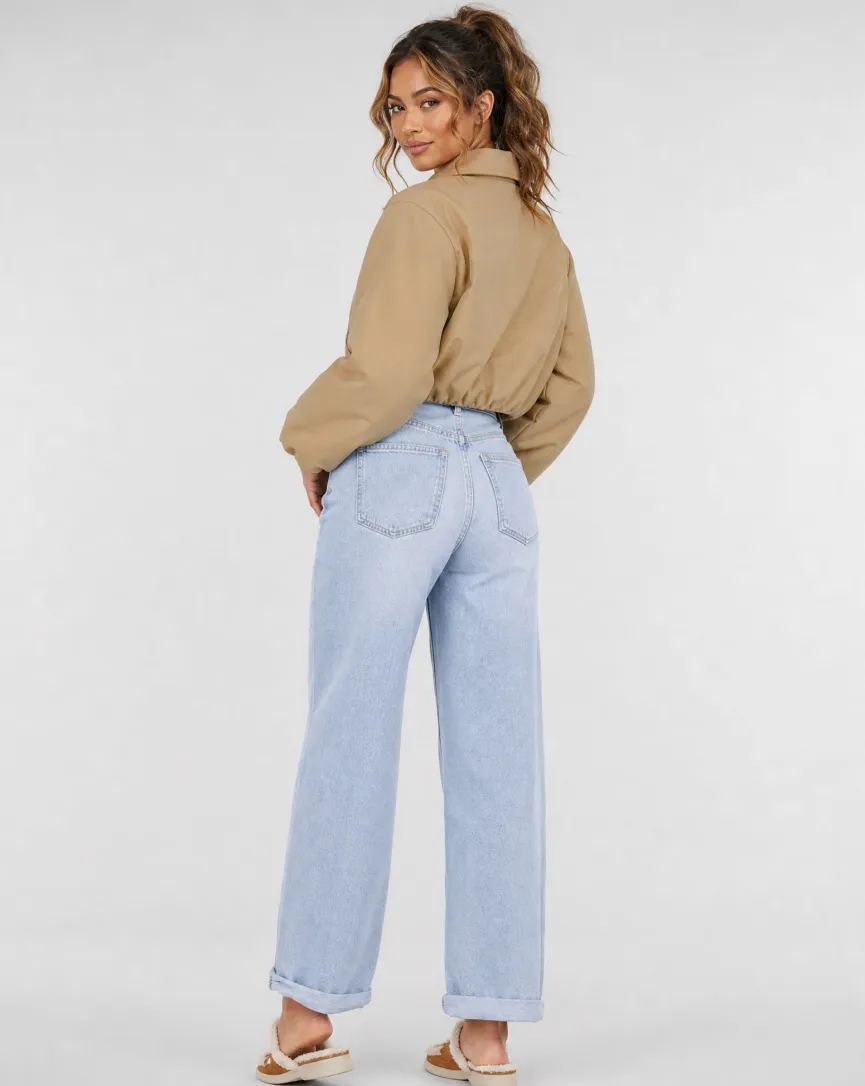 Beige Cropped Bomberjack met Ritssluiting en Ballonmouwen