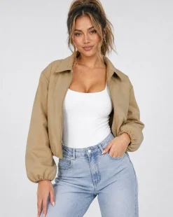 Beige Cropped Bomberjack met Ritssluiting en Ballonmouwen