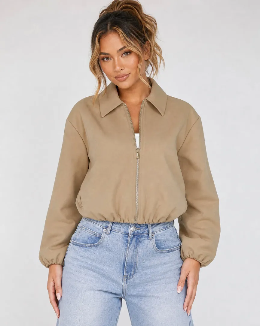 Beige Cropped Bomberjack met Ritssluiting en Ballonmouwen