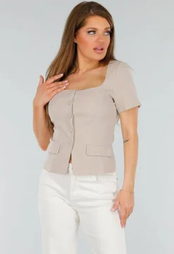 Beige Cropped fit Blazer Look Top met Binnen Voering en Knoopsluiting
