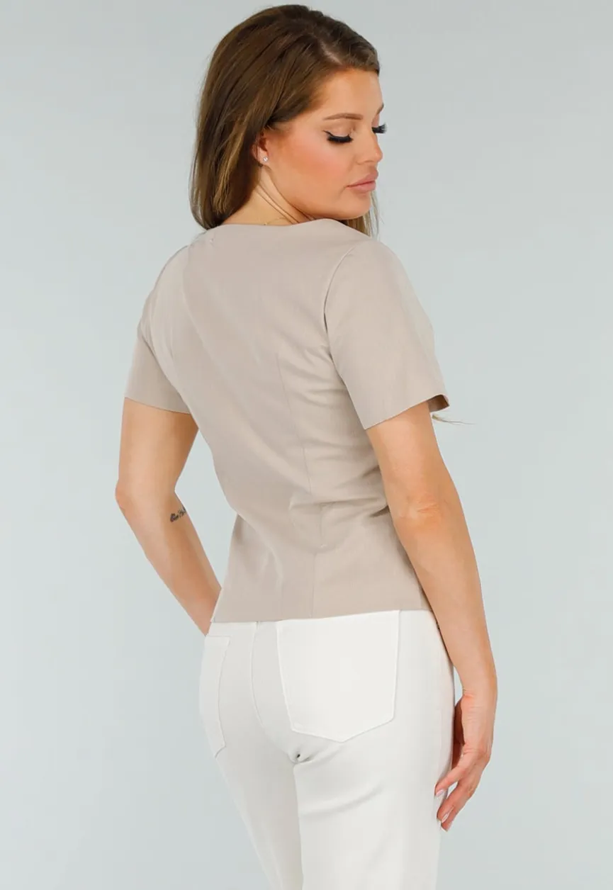 Beige Cropped fit Blazer Look Top met Binnen Voering en Knoopsluiting
