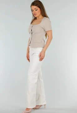 Beige Cropped fit Blazer Look Top met Binnen Voering en Knoopsluiting