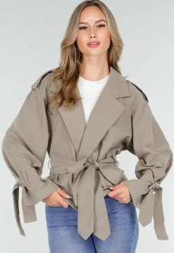 Beige Cropped Trenchcoat Jas met Strikceintuur