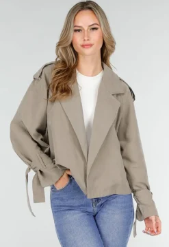 Beige Cropped Trenchcoat Jas met Strikceintuur