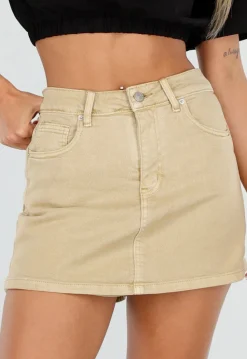 Beige Denim Skort met Stretch en Hoge Taille