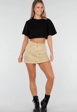Beige Denim Skort met Stretch en Hoge Taille