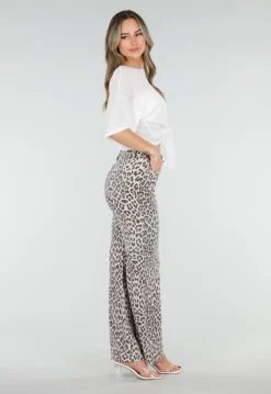 Beige Denim Straight Leg Jeans met Luipaardprint en Hoge Taille
