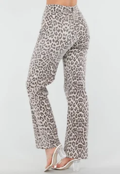 Beige Denim Straight Leg Jeans met Luipaardprint en Hoge Taille
