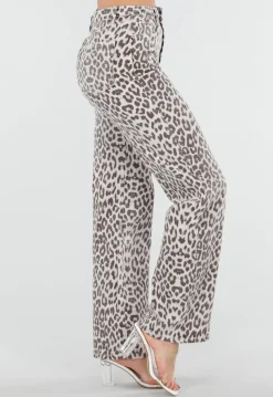 Beige Denim Straight Leg Jeans met Luipaardprint en Hoge Taille