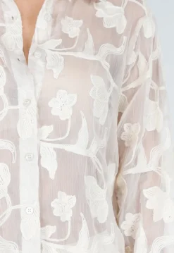 Beige Doorschijnende Blouse met Bloemenborduursel en Lange Mouwen