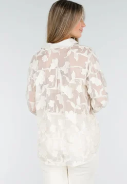 Beige Doorschijnende Blouse met Bloemenborduursel en Lange Mouwen