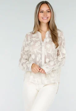 Beige Doorschijnende Blouse met Bloemenborduursel en Lange Mouwen