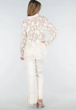 Beige Doorschijnende Blouse met Bloemenborduursel en Lange Mouwen