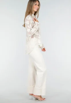 Beige Doorschijnende Blouse met Bloemenborduursel en Lange Mouwen