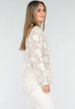 Beige Doorschijnende Blouse met Bloemenborduursel en Lange Mouwen