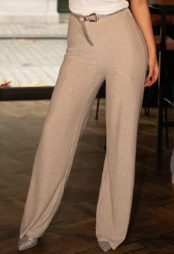Beige Elastische Glitter Broek