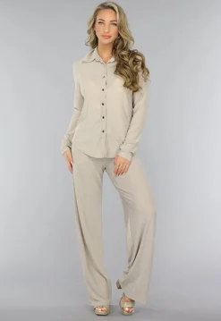 Beige Elastische Glitter Broek
