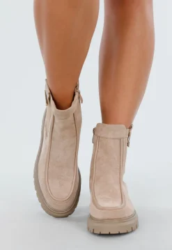 Beige Enkellaarsjes met Chunky Zool en Suèdelook
