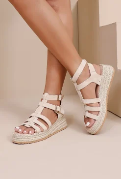 Beige Espadrille Sandalen met Meerdere Banden en Sleehak