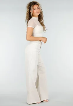 Beige Extra Wide Leg Jeans met Hoge Taille en Stretch