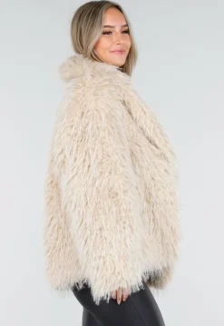 Beige Faux Fur Jas met Harige Textuur
