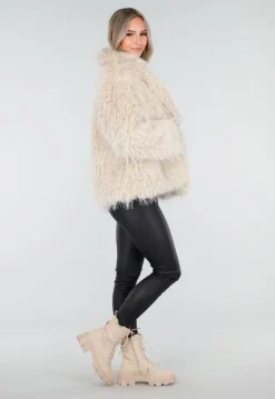 Beige Faux Fur Jas met Harige Textuur