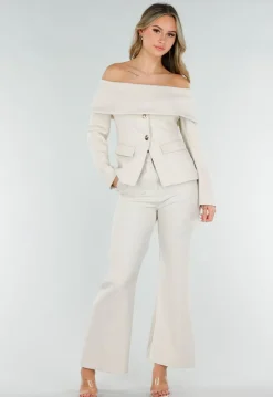 Beige Flared Pantalon met Elastische Tailleband