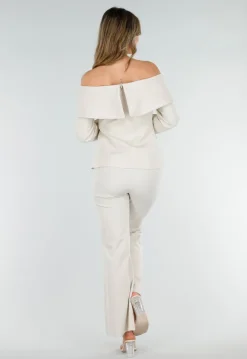 Beige Flared Pantalon met Elastische Tailleband