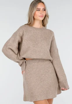 Beige Gebreide Co-ord Set met Trui en Rokje