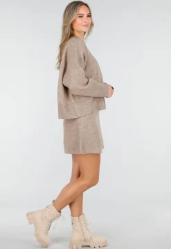 Beige Gebreide Co-ord Set met Trui en Rokje