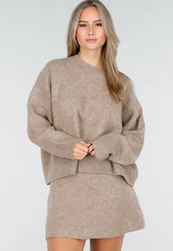 Beige Gebreide Co-ord Set met Trui en Rokje