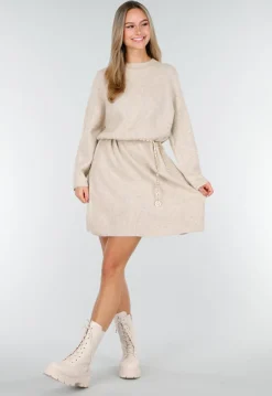 Beige Gebreide Jurk met Lange Mouwen en Recht Ribpatroon