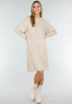 Beige Gebreide Jurk met Lange Mouwen en Recht Ribpatroon