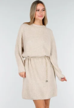 Beige Gebreide Jurk met Lange Mouwen en Recht Ribpatroon