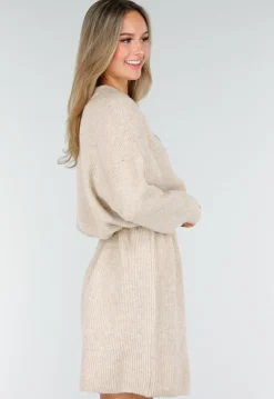 Beige Gebreide Jurk met Lange Mouwen en Recht Ribpatroon