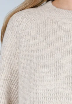 Beige Gebreide Jurk met Lange Mouwen en Recht Ribpatroon