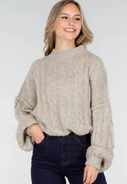 Beige Gebreide Trui met Kabelpatroon en Pofmouwen