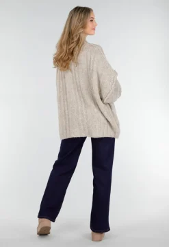 Beige Gebreide Trui met Kabelpatroon en Pofmouwen