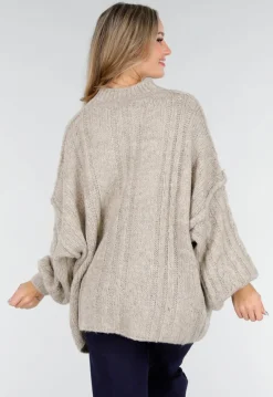 Beige Gebreide Trui met Kabelpatroon en Pofmouwen