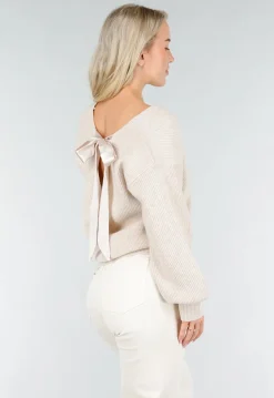 Beige Gebreide Trui met Open Rug en Satijnen Strikdetail