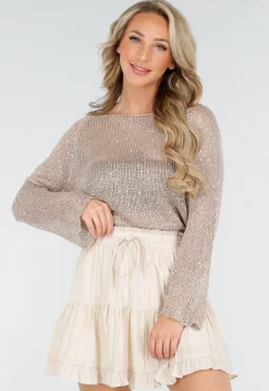 Beige Gebreide Trui met Pailletten