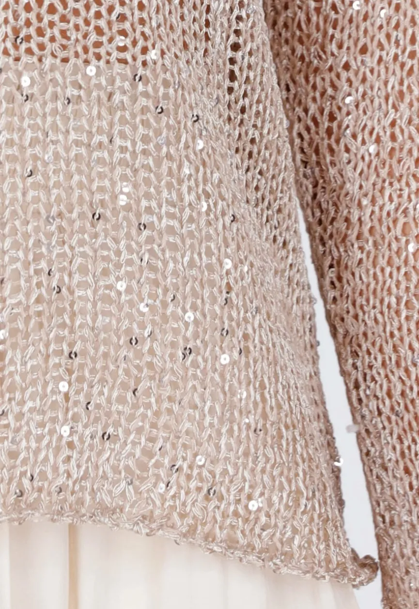 Beige Gebreide Trui met Pailletten
