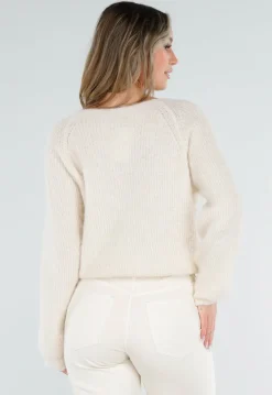 Beige Gebreide Twist Crop Trui met Lange Mouwen en V-Hals