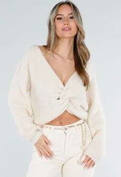 Beige Gebreide Twist Crop Trui met Lange Mouwen en V-Hals