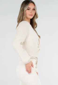 Beige Gebreide Twist Crop Trui met Lange Mouwen en V-Hals