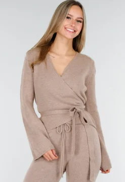 Beige Gebreide Wikkeltop met Strikceintuur en Lange Mouwen