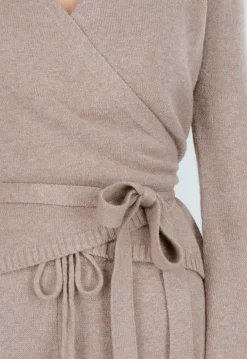 Beige Gebreide Wikkeltop met Strikceintuur en Lange Mouwen