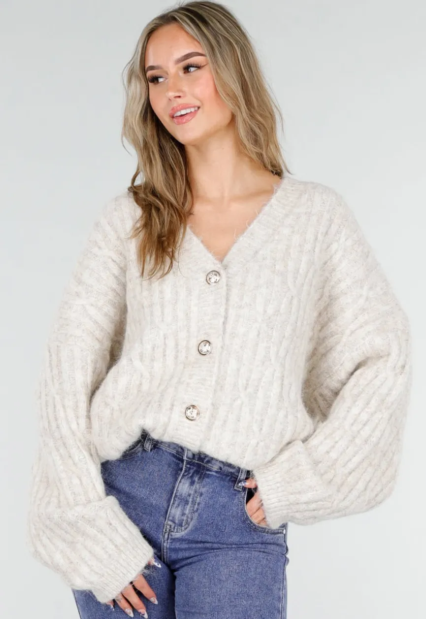Beige Gebreid Oversized Vest met Goudkleurige Knopen